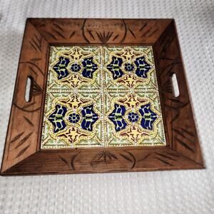 MEXICO CARVED WOOD CERAMIC TILE INSERTES  SERVING TRAY